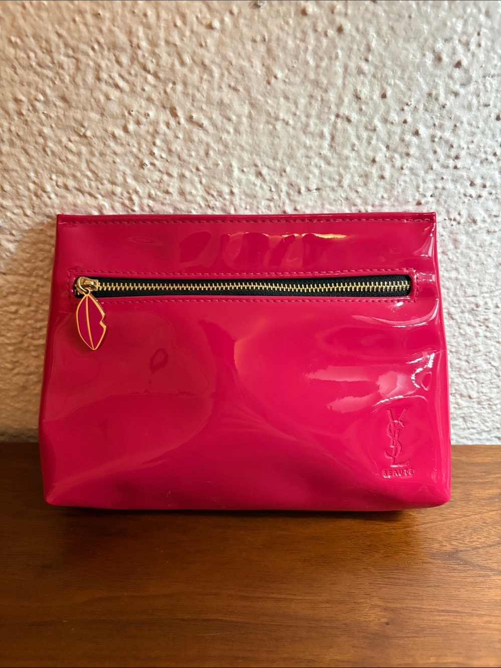 Yves Saint Laurent Hot Pink Patent Cosmetic Pouch with Gold Zip